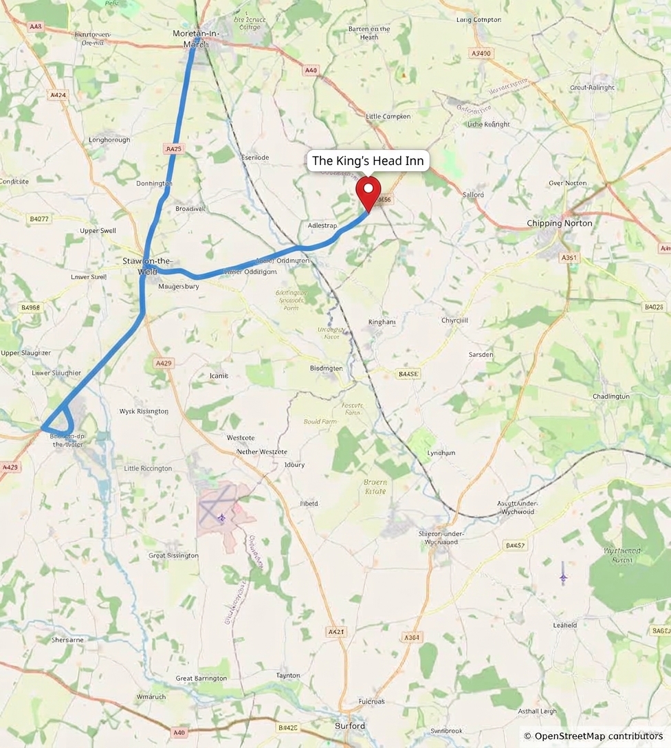 Driving route map from Bourton-on-the-Water to The King's Head Inn, Bledington