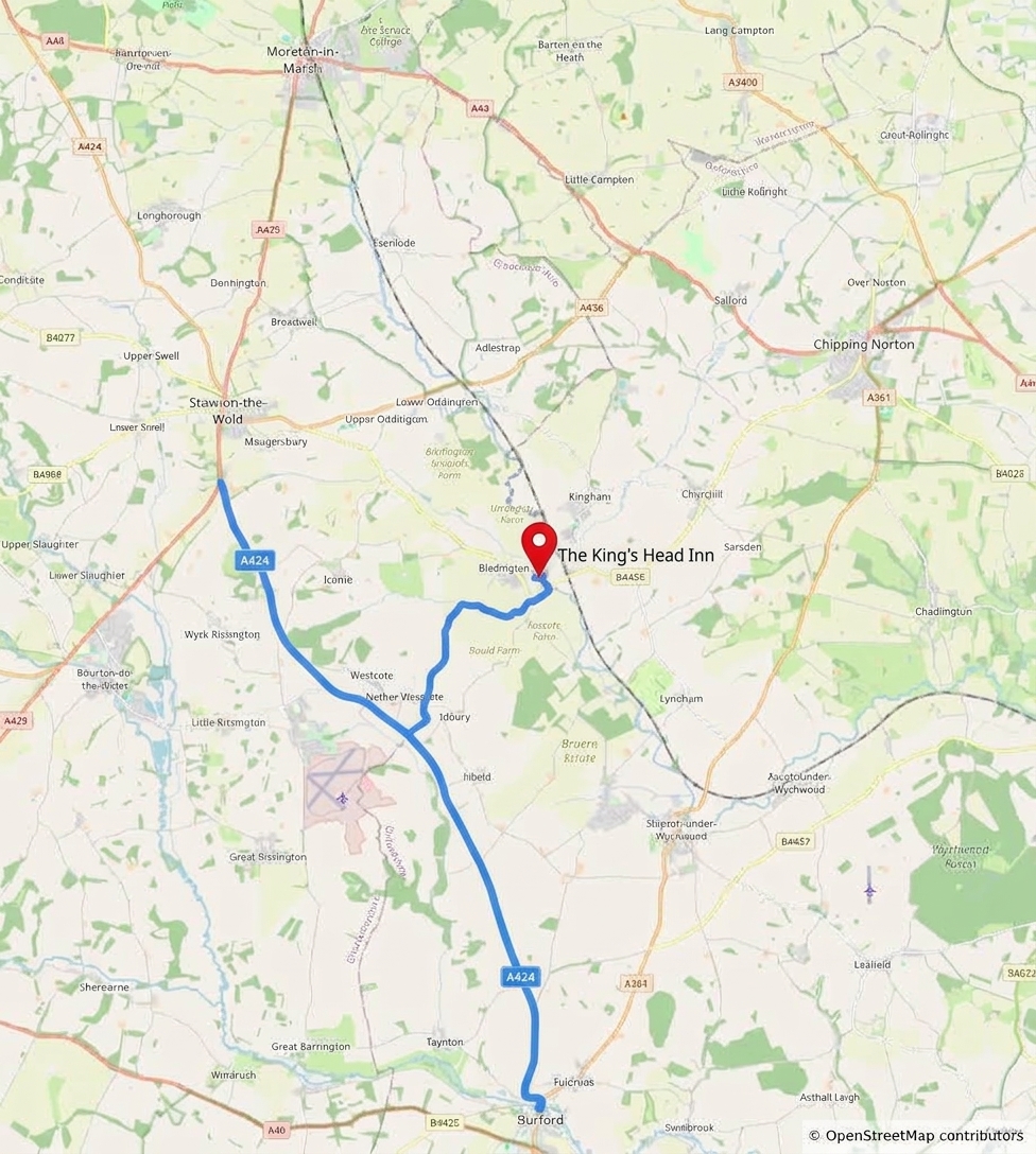 Driving route map from Burford to The King's Head Inn, Bledington