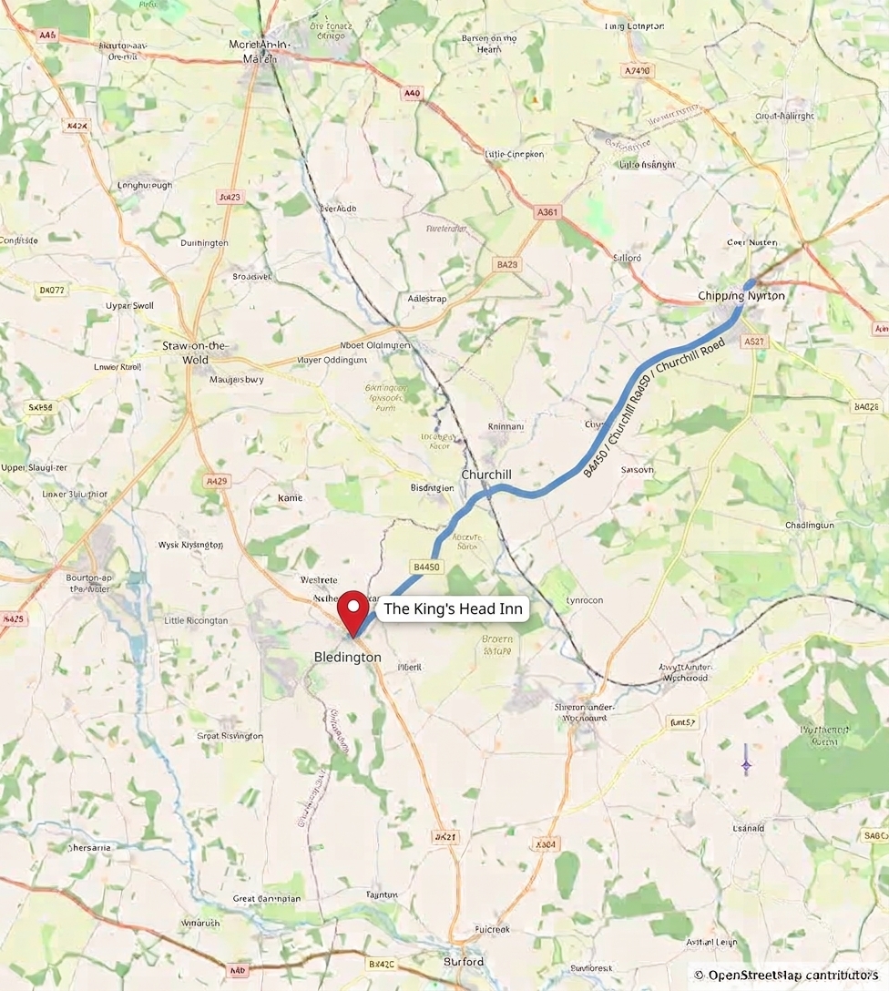 Driving route map from Chipping Norton to The King's Head Inn, Bledington