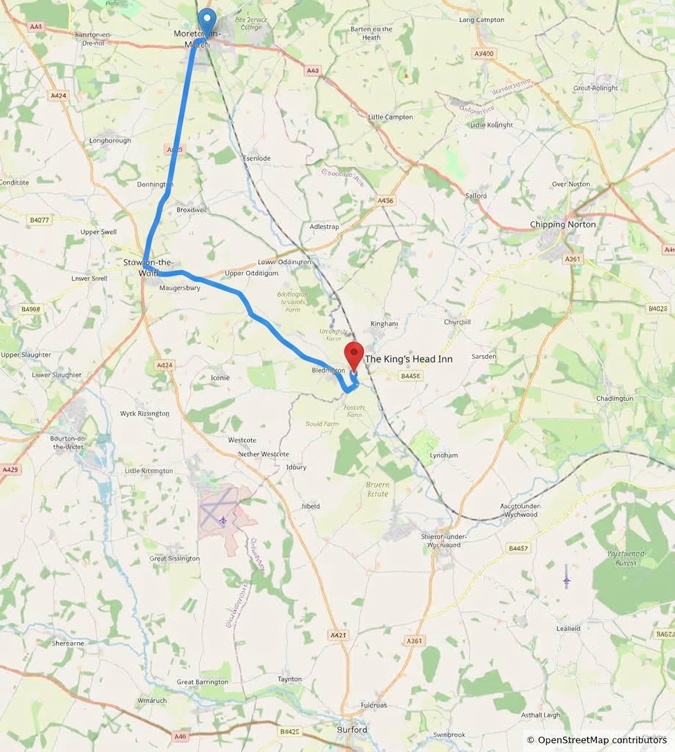 Driving route map from Moreton-in-Marsh to The King's Head Inn, Bledington